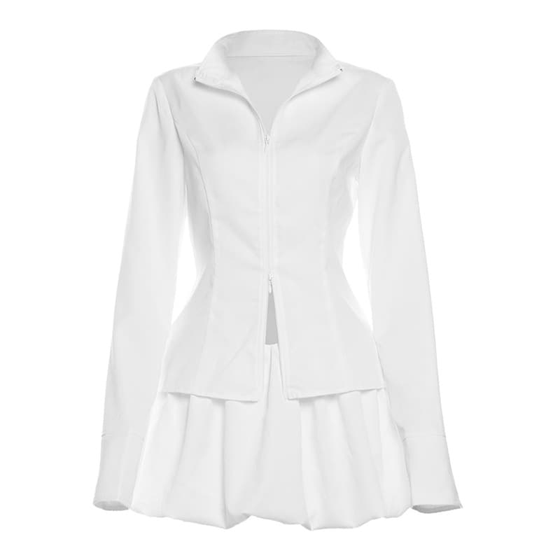 Conjunto de dos piezas slim con blusa escotada con cierre y falda corta