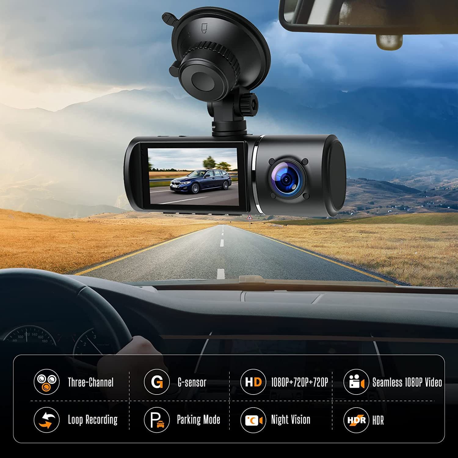 Grabadora de conducción triple HD con monitoreo