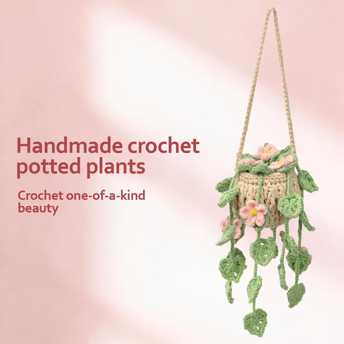 Adorno colgante tejido al crochet con flores rosa