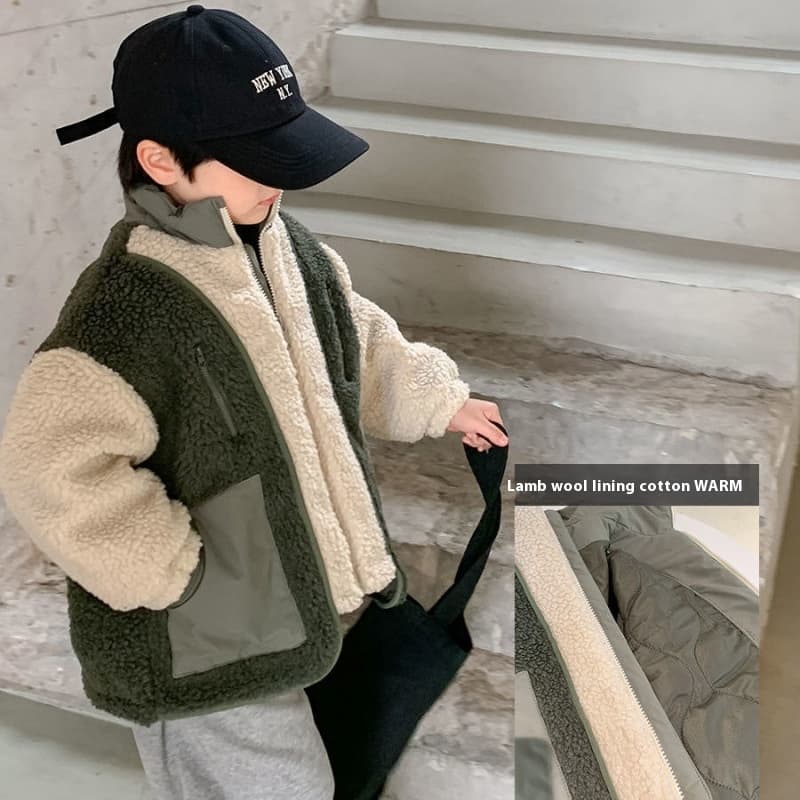 Abrigo infantil coreano de lana con empalmes de color