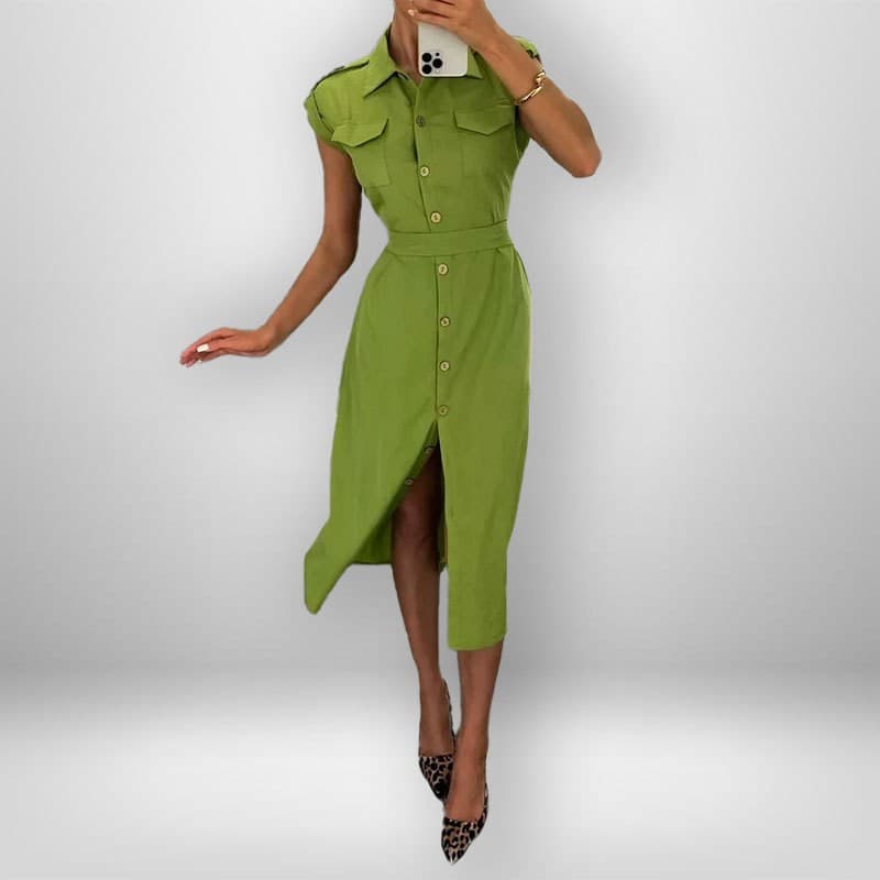 Vestido elegante de color sólido con cintura alta