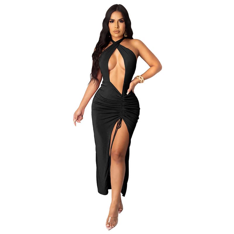 Vestido ajustado plisado con abertura alta