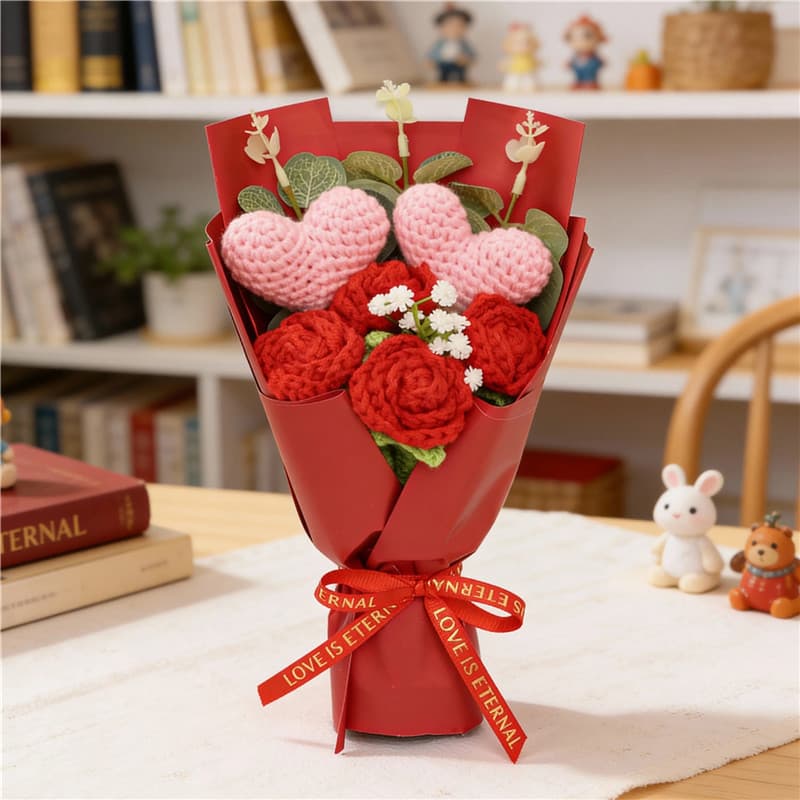 Ramo de flores crochet rosas rojas corazones y bebé aliento