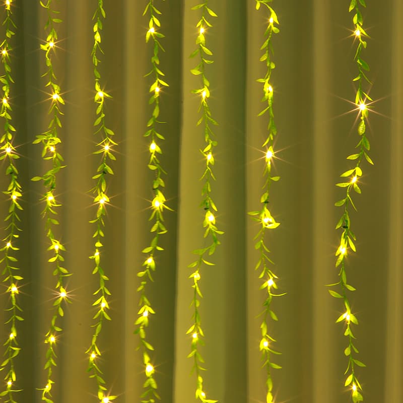 Cortina de luz LED con hojas verdes y alambre de cobre