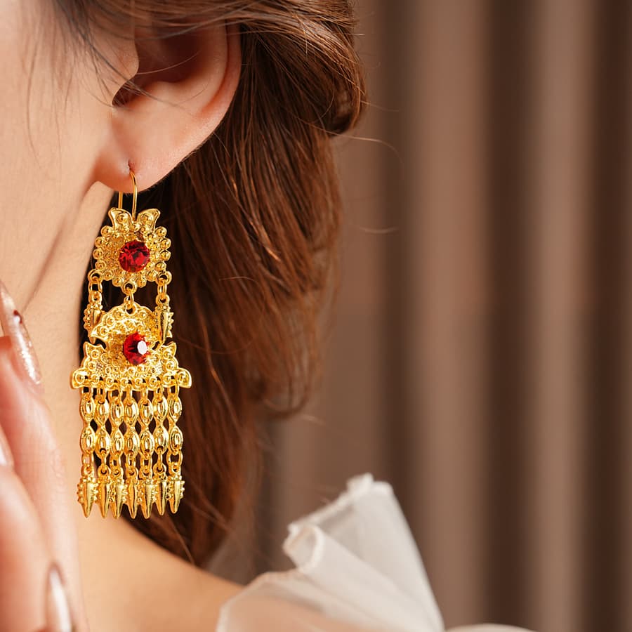 Aretes de borla estilo chino vintage con diamantes