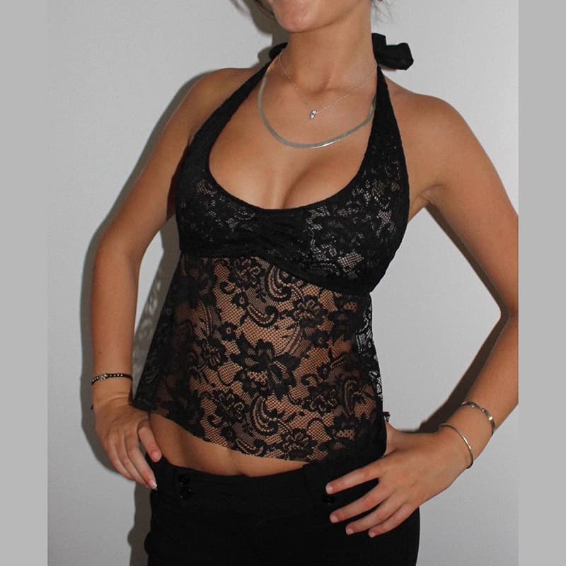 Blusa de encaje sin espalda tipo halter
