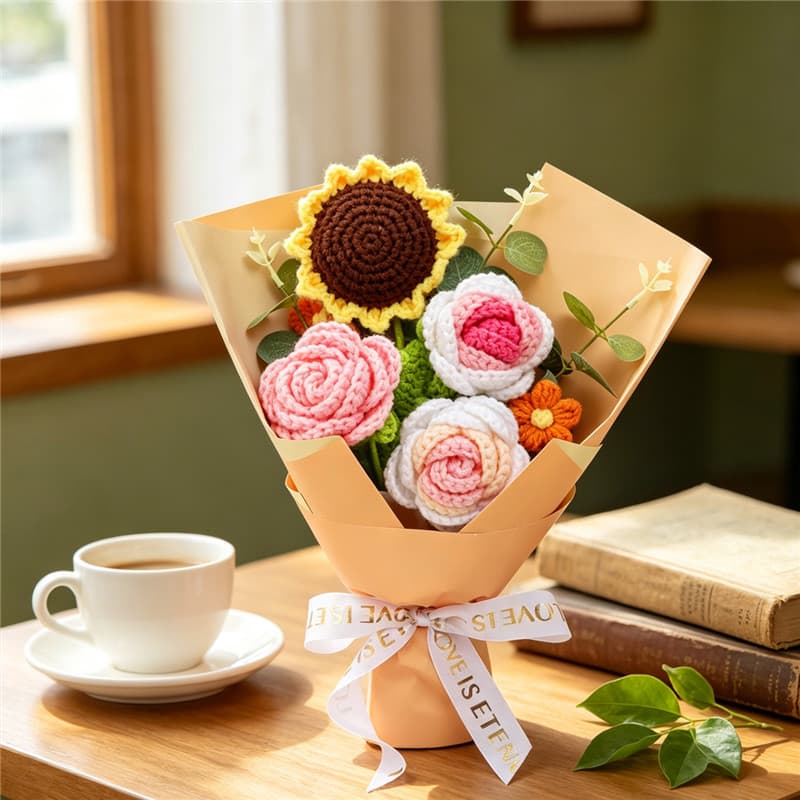 Ramillete tejido a mano con girasol, rosas rosa y flores naranjas