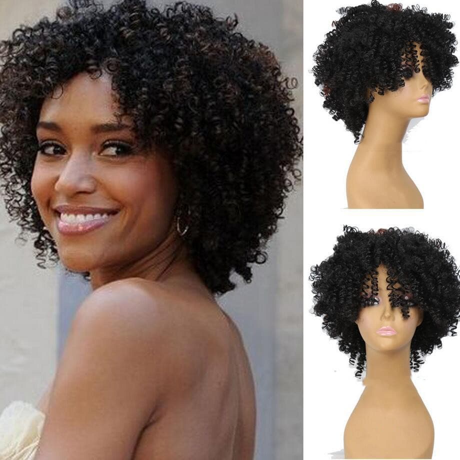 Peluca de cabello corto y rizado de color negro