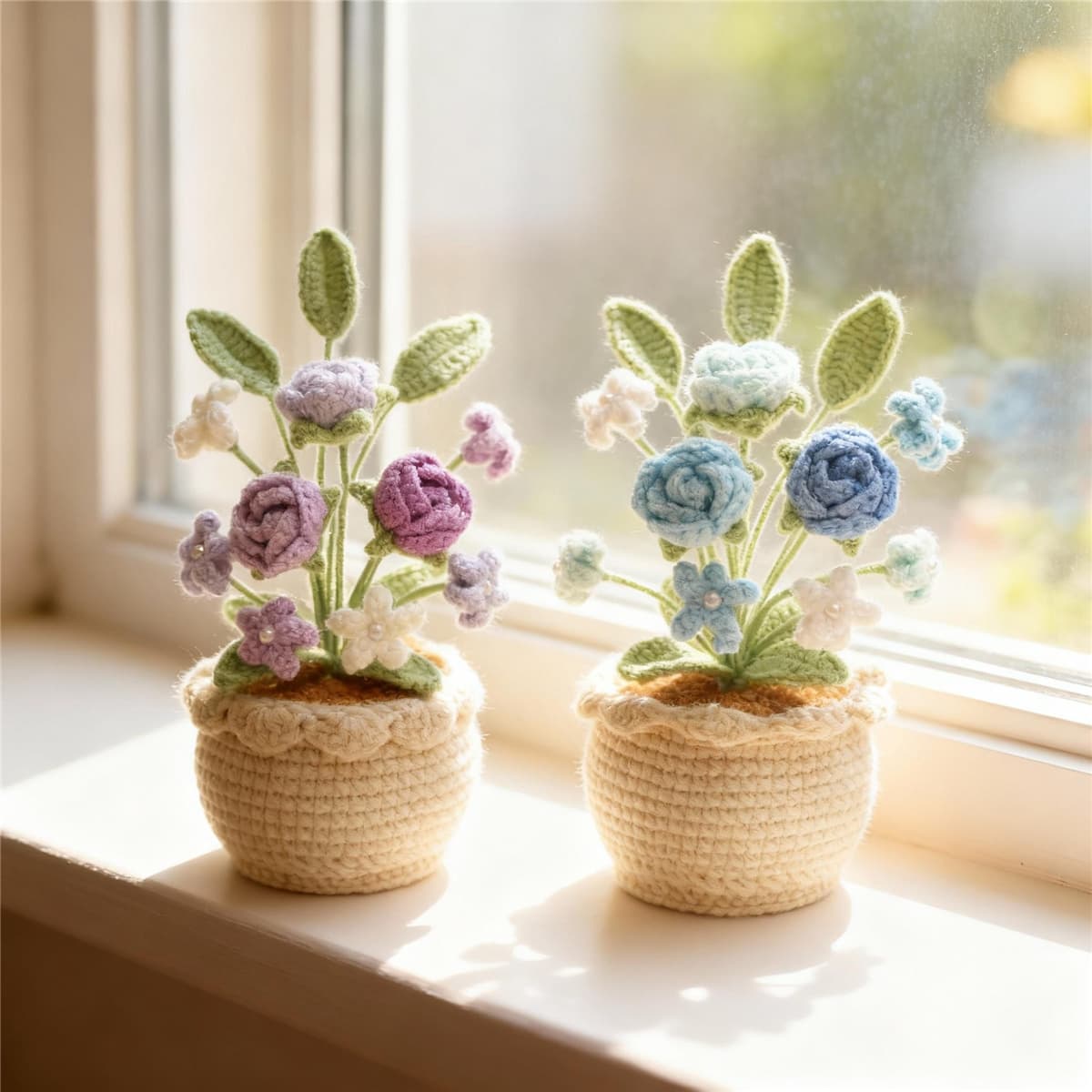 Maceta decorativa con flores tejidas a mano
