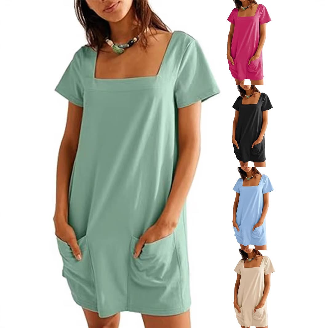 Vestido casual con cuello cuadrado, falda corta y bolsillos