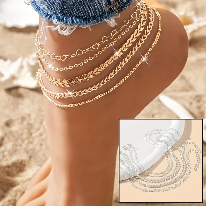 Set de 5 tobilleras bohemias con cadena de corazón