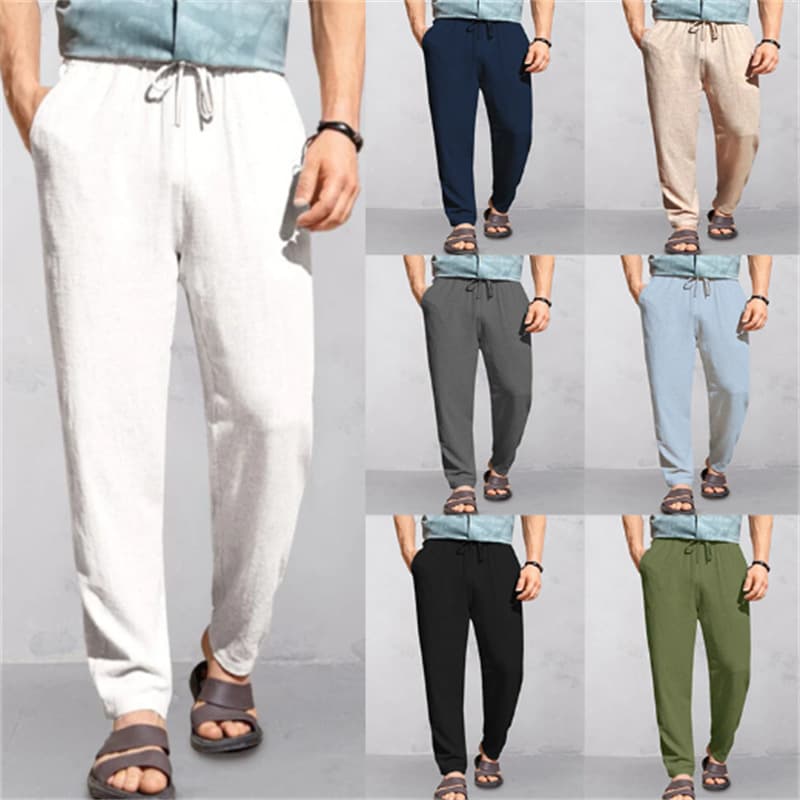 Pantalón de lino respirable suelto con cordón para hombre