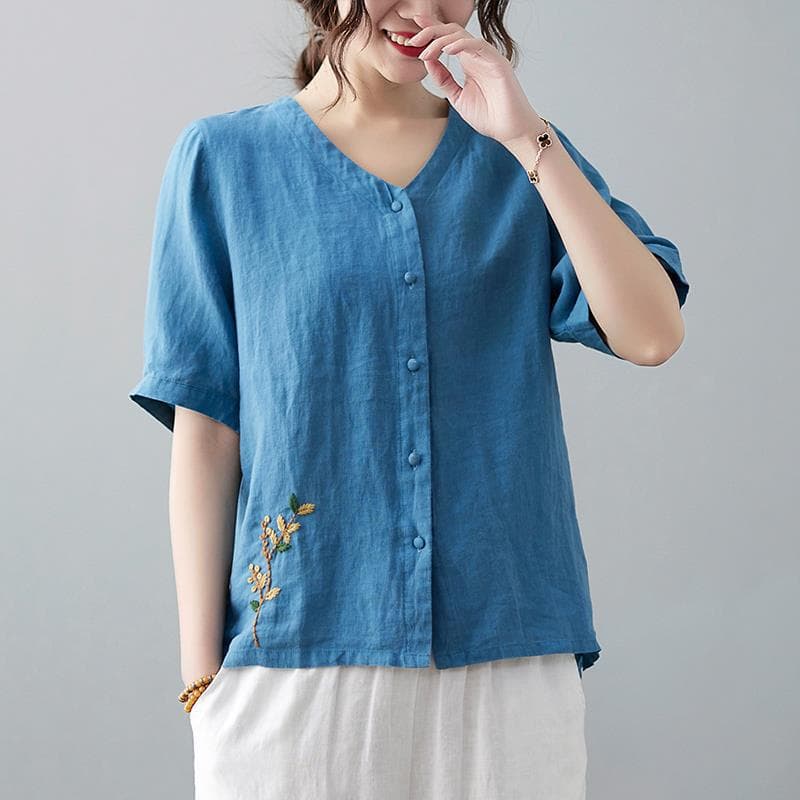 Camiseta de algodón manga corta cuello V para mujer