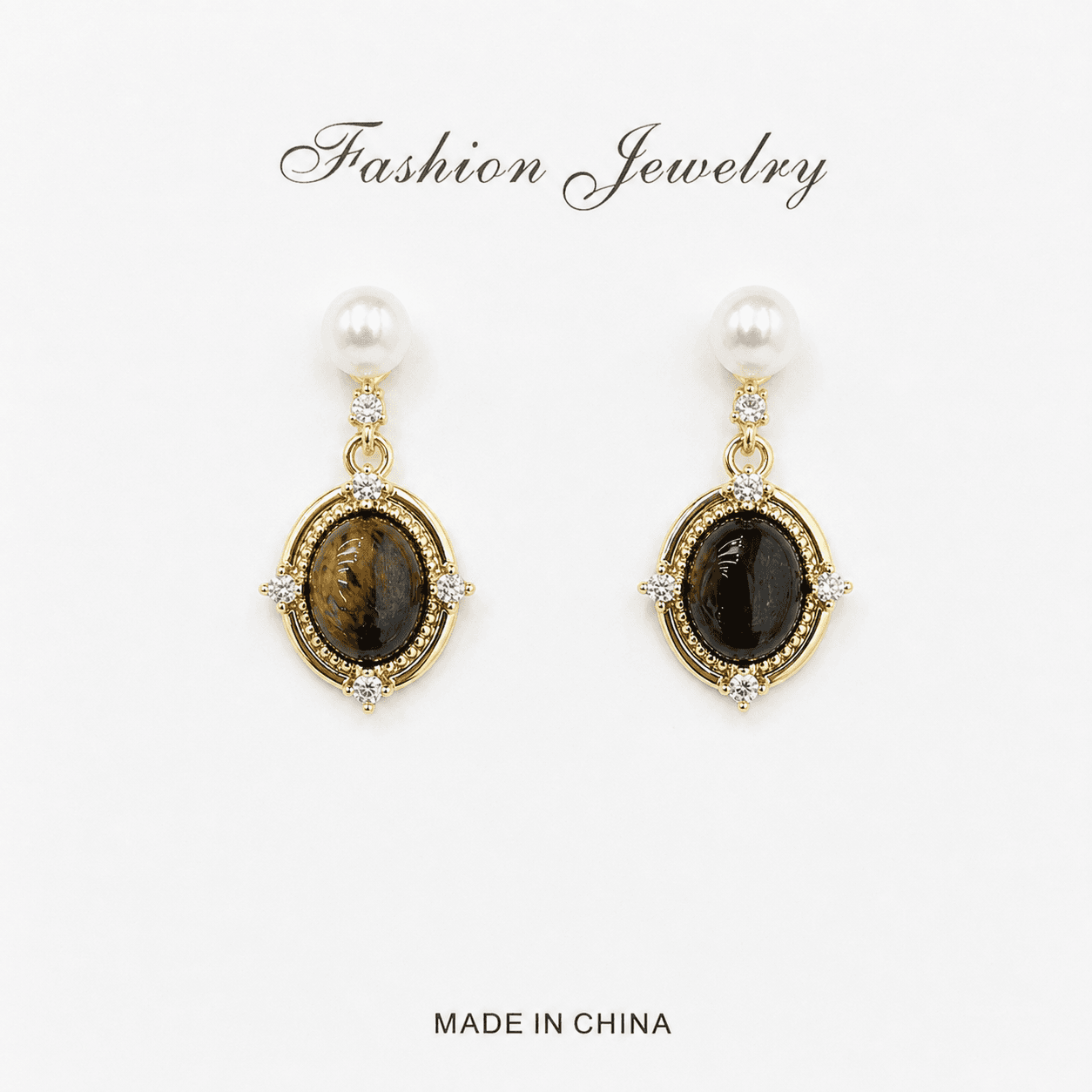 Aretes vintage ojo de tigre con perlas y diamantes