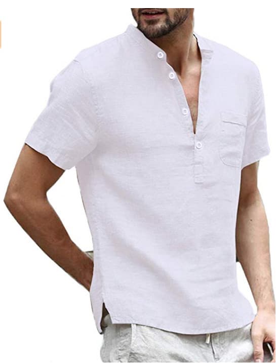 Camisa de lino con cuello V, ideal para verano y playa
