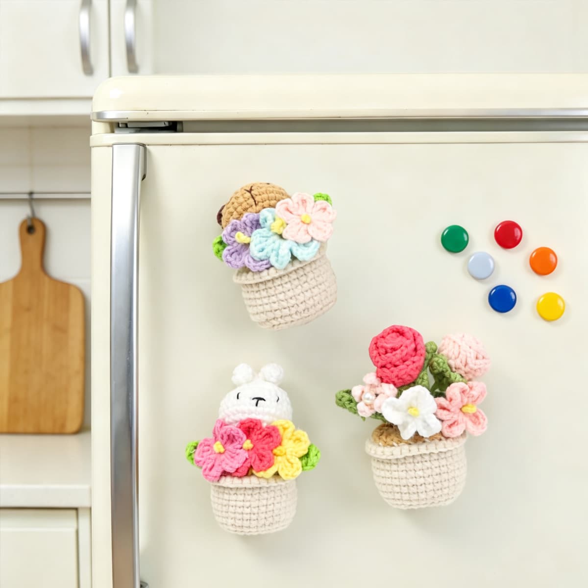 Set de 3 macetas decorativas tejidas a crochet con animalitos