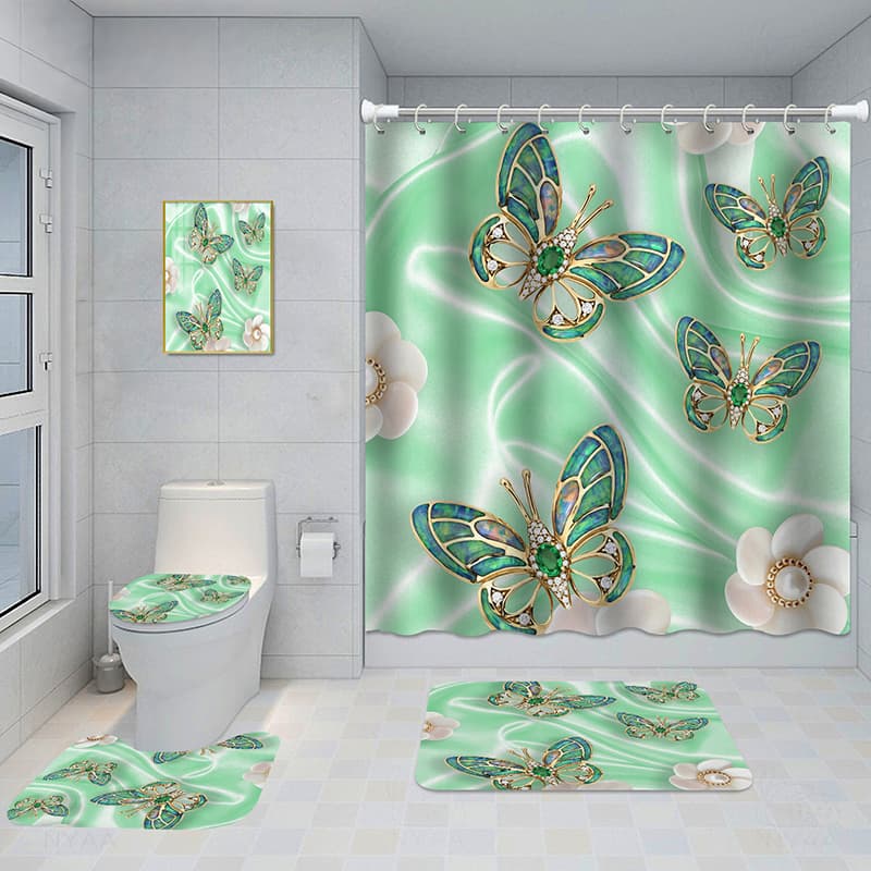 Juego de baño con cortina, alfombras y cuadro decorativo