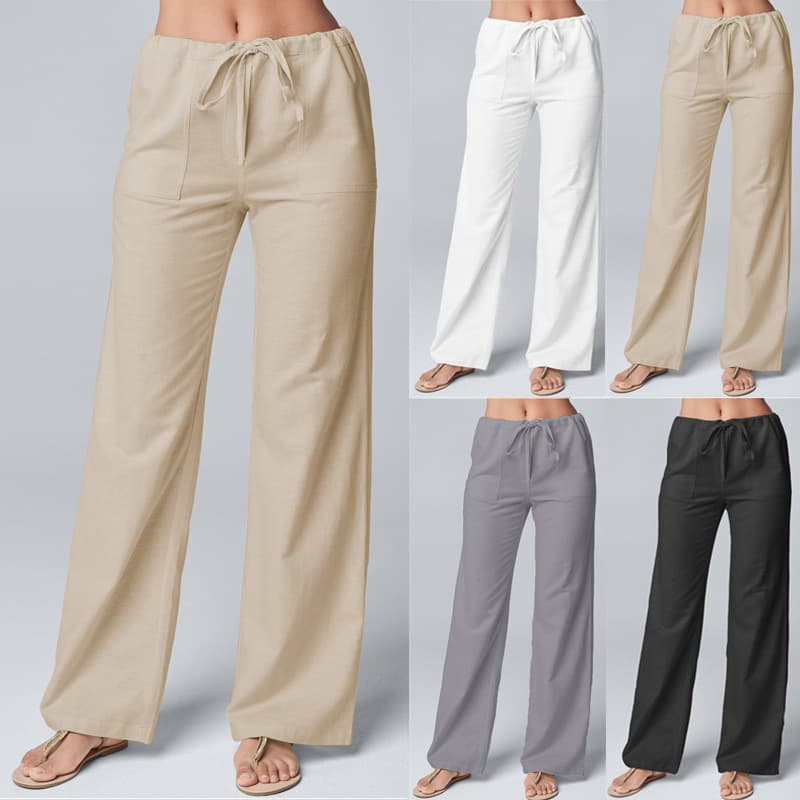 Pantalones rectos sueltos con cordones algodón lino