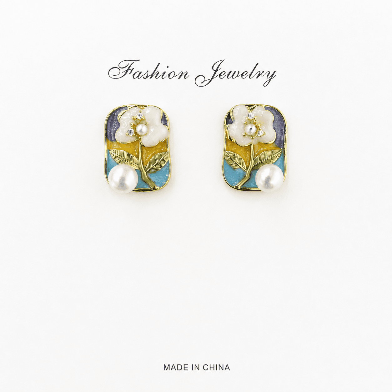 Aretes flor vintage estilo óleo con esmalte y perlas