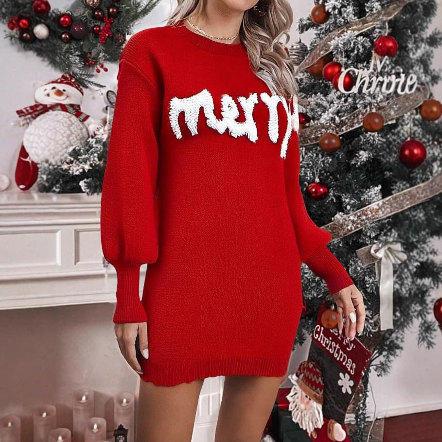 Vestido suéter de punto con cuello redondo y manga linterna