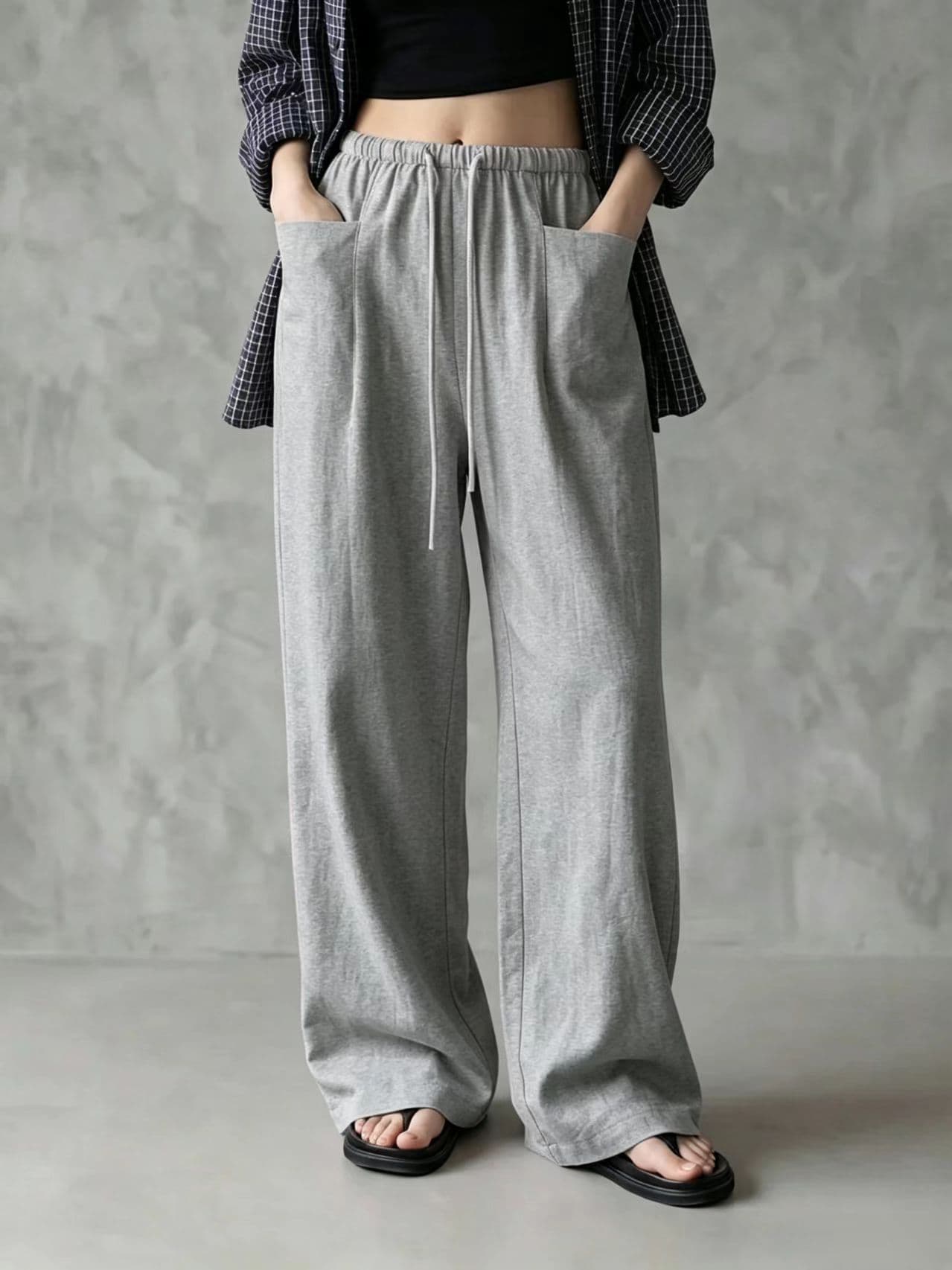 Pantalones anchos cintura alta con cordón para mujer