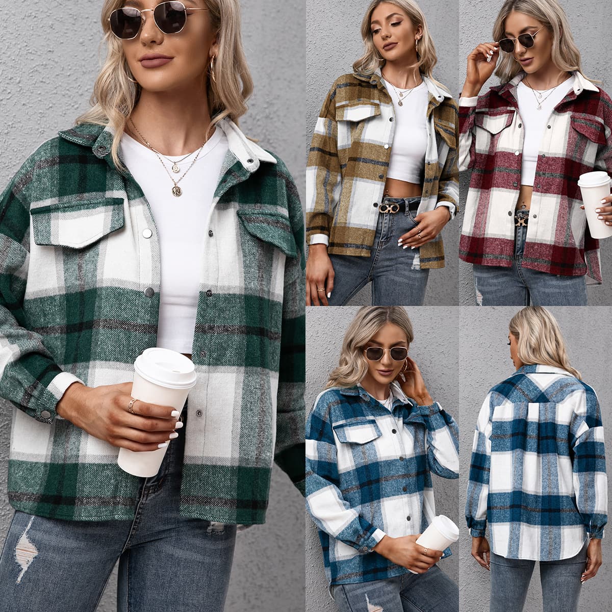 Cardigan de lana gruesa con diseño cuadros, manga larga