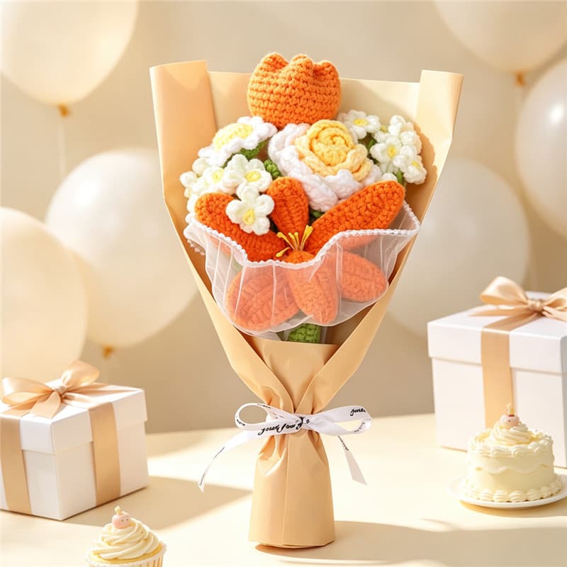 Ramo de flores tejidas a mano con lirios y tulipanes naranjas