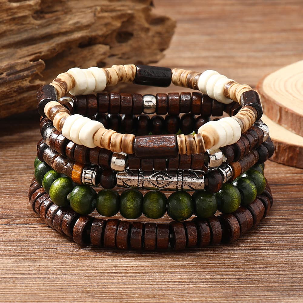 Pulsera multícapa de cuentas de madera tejida a mano