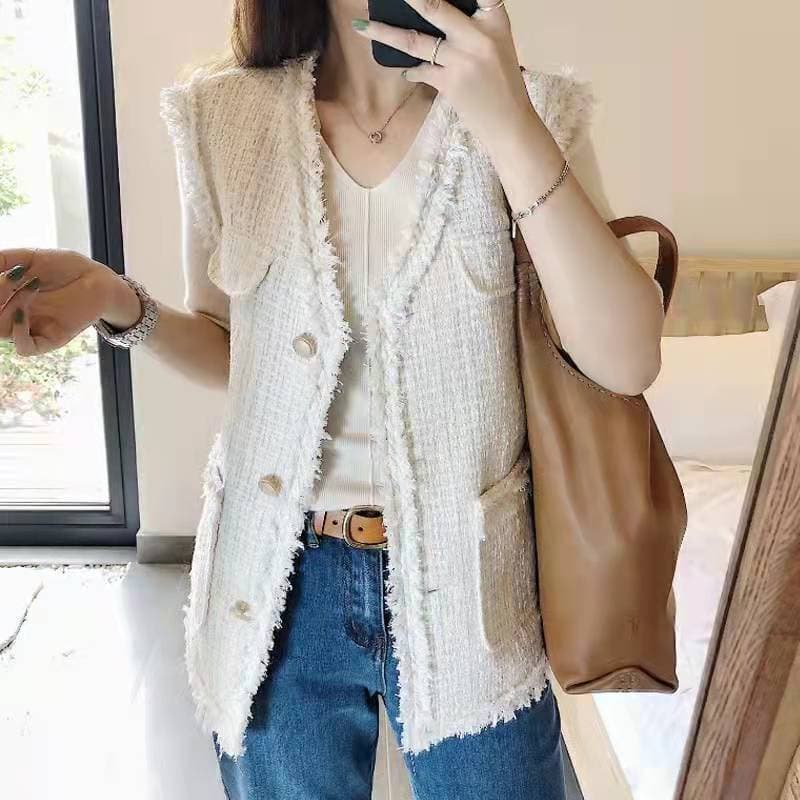 Chaleco de tweed sin mangas estilo occidental