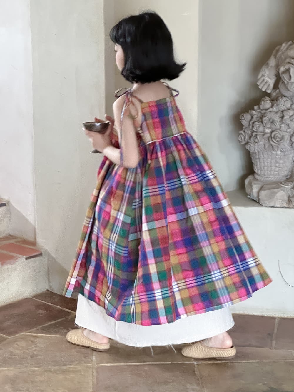 Vestido tipo sling a cuadros para niña, estilo coreano