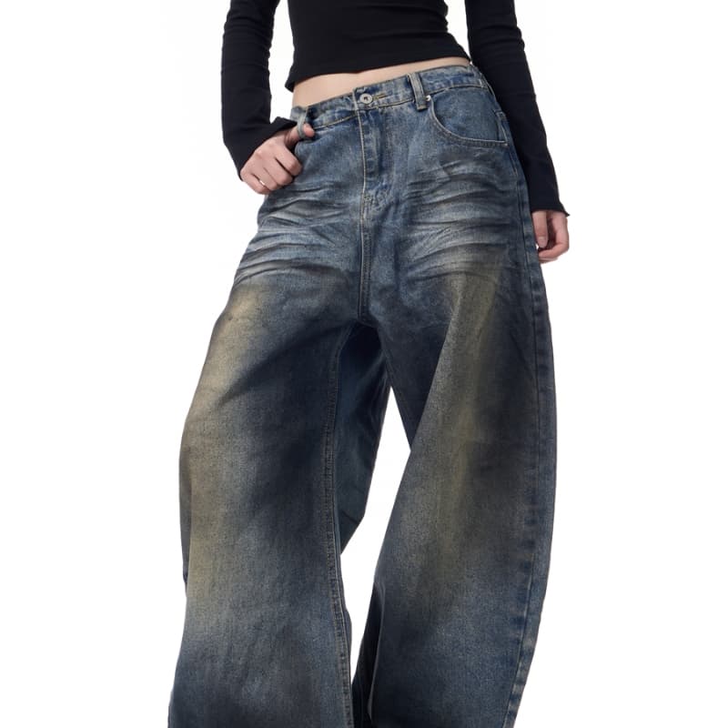 Jeans de pierna ancha estilo retro americano desgastado