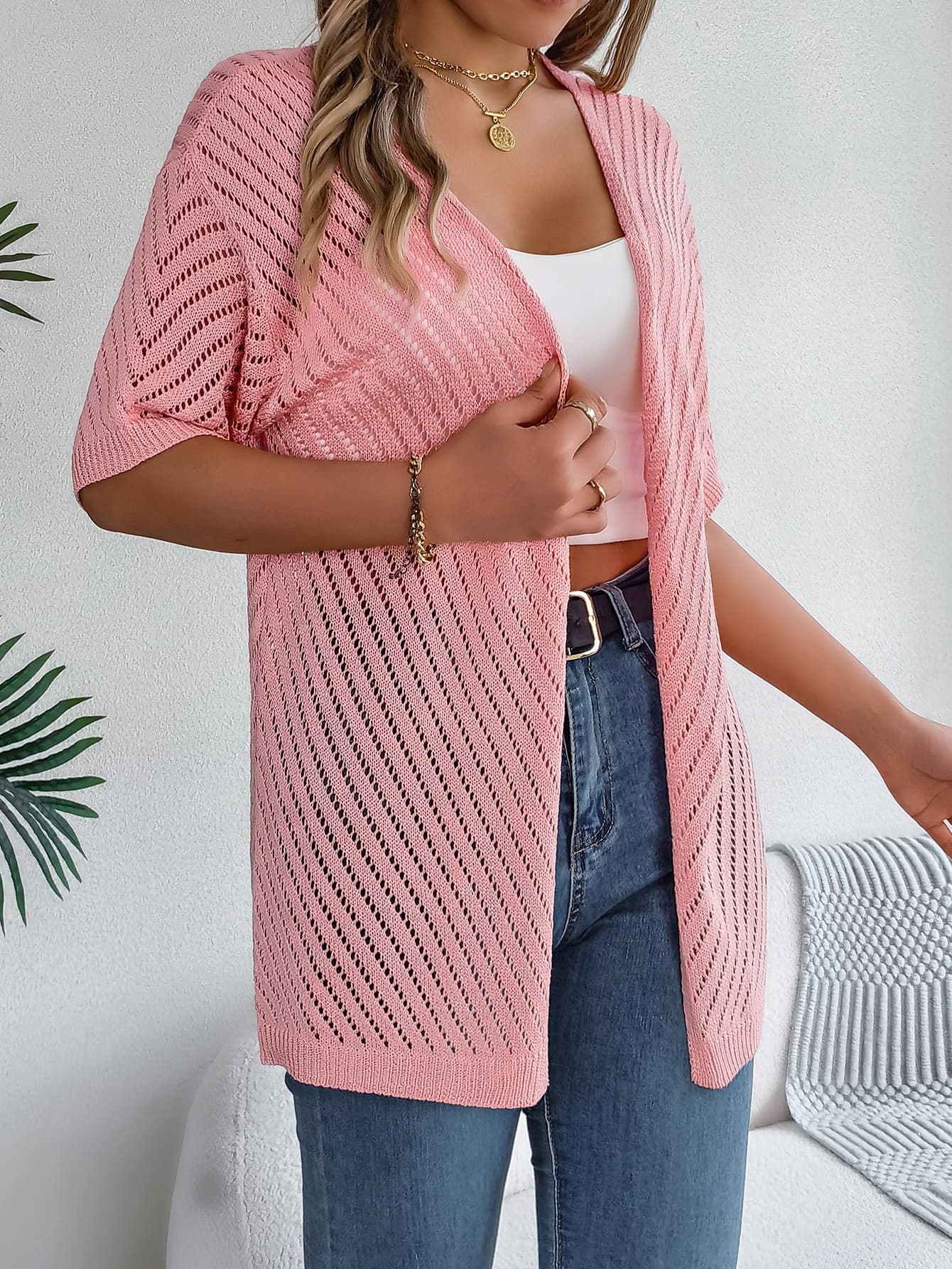 Cardigan calado a rayas para mujer