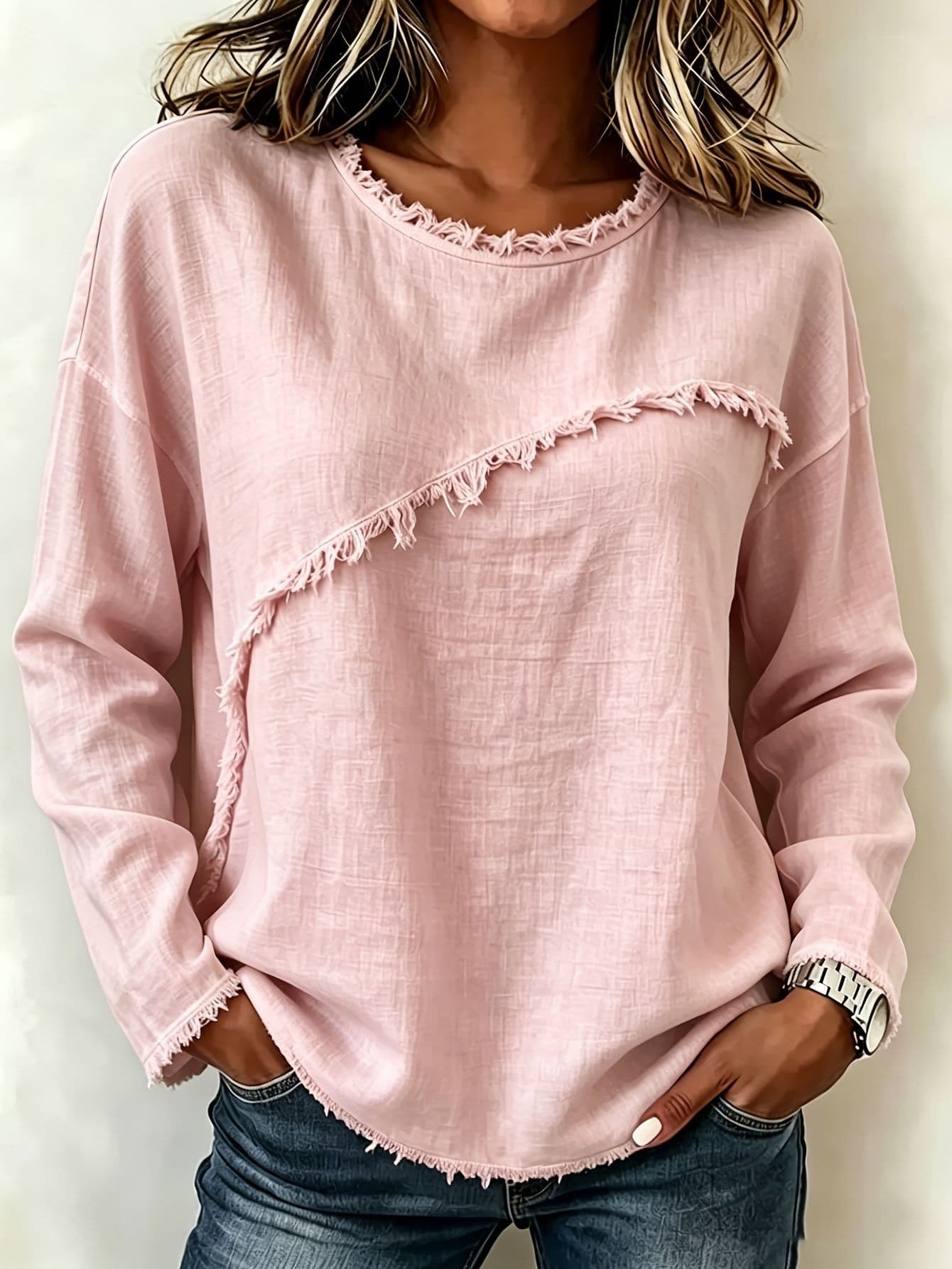 Blusa de manga larga con cuello redondo y mezcla de algodón