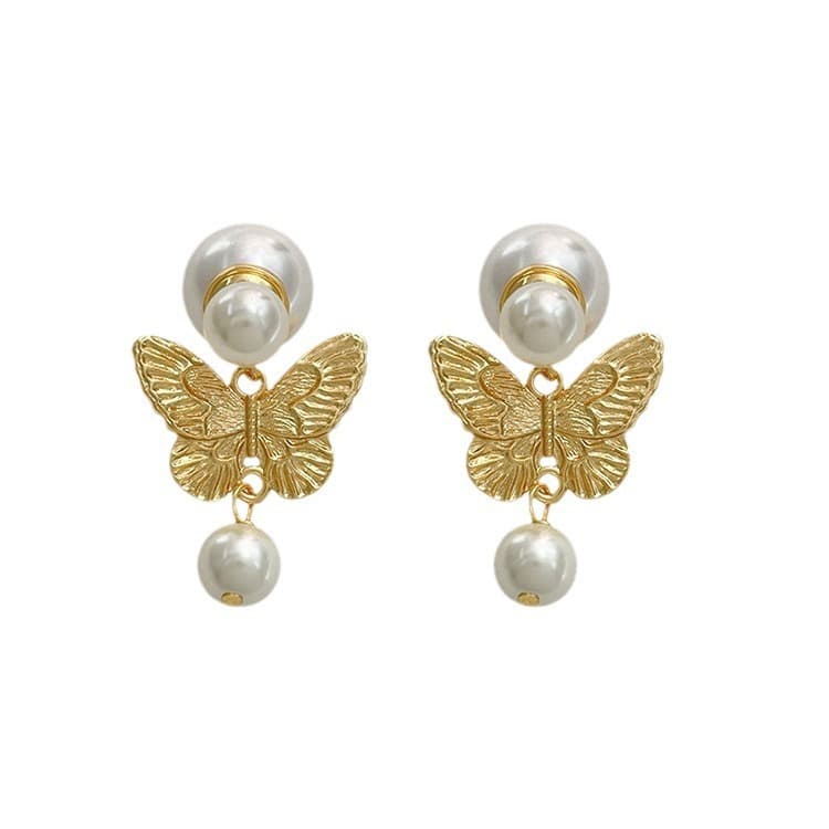 Aretes de mariposa con perla, estilo vintage, doble uso