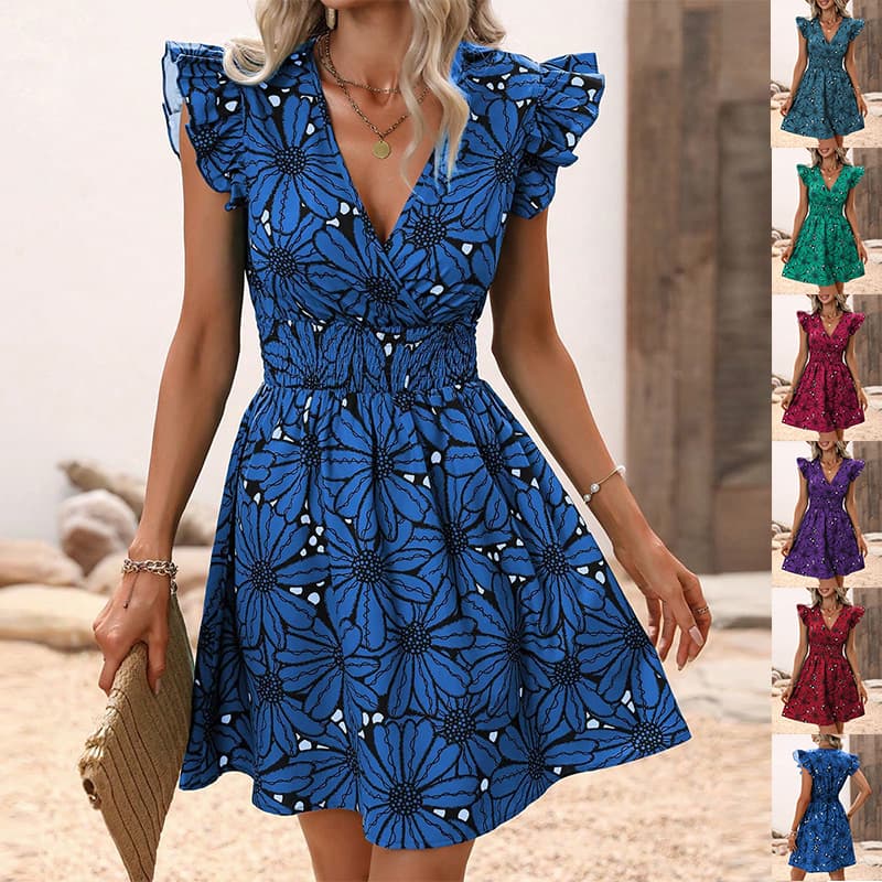 Vestido corto con volantes y estampado de flores