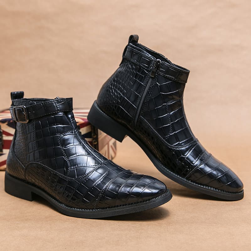 Botas de hombre con patrón cocodrilo, tacón bajo y punta puntiaguda