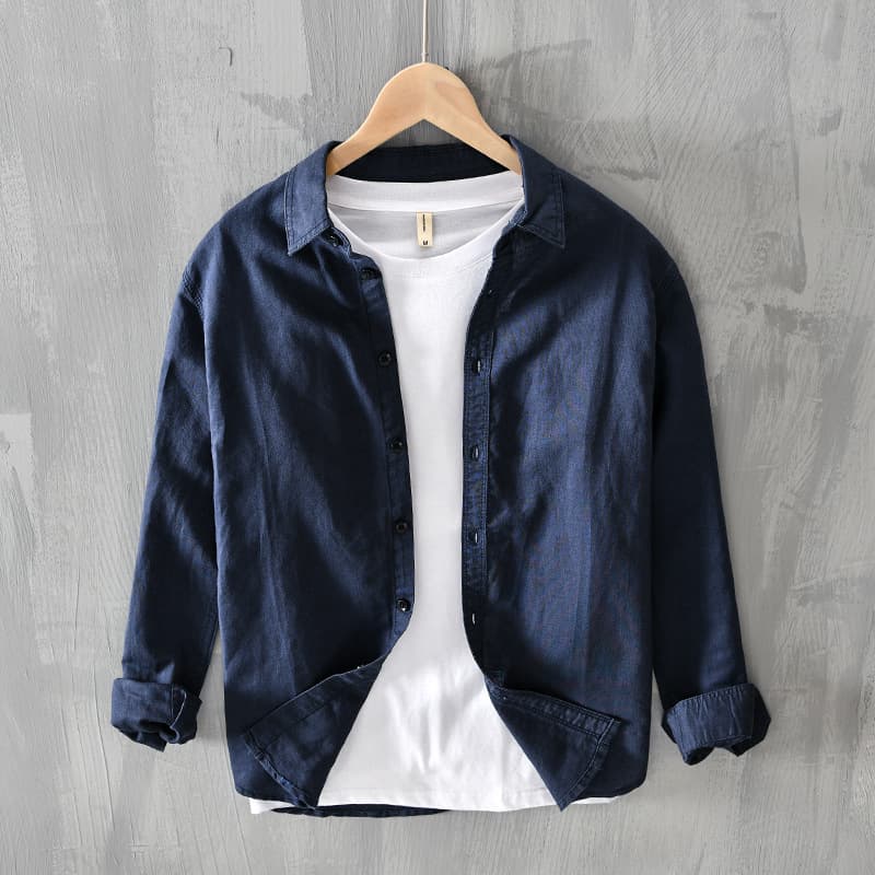 Camisa hombre algodón y lino manga larga ajuste entallado