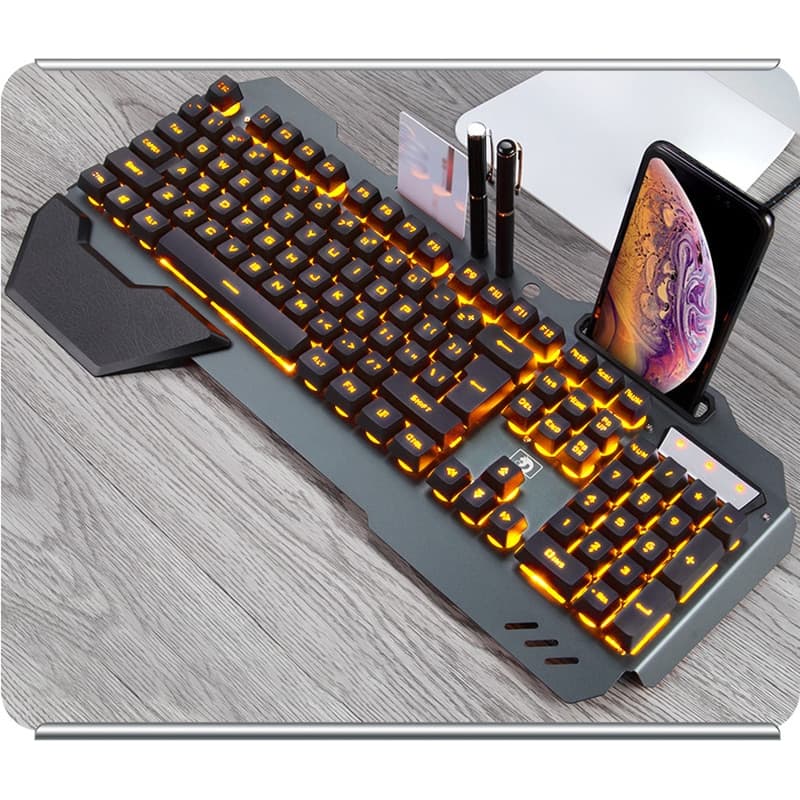 Teclado gaming alámbrico con retroiluminación RGB y soporte para teléfono