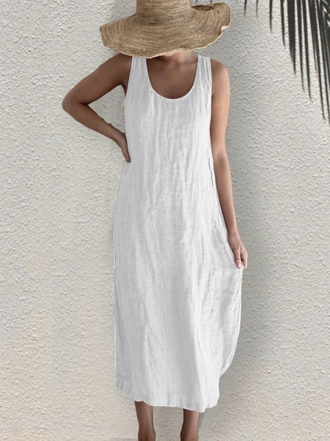 Vestido sin mangas de algodón y lino con cuello redondo