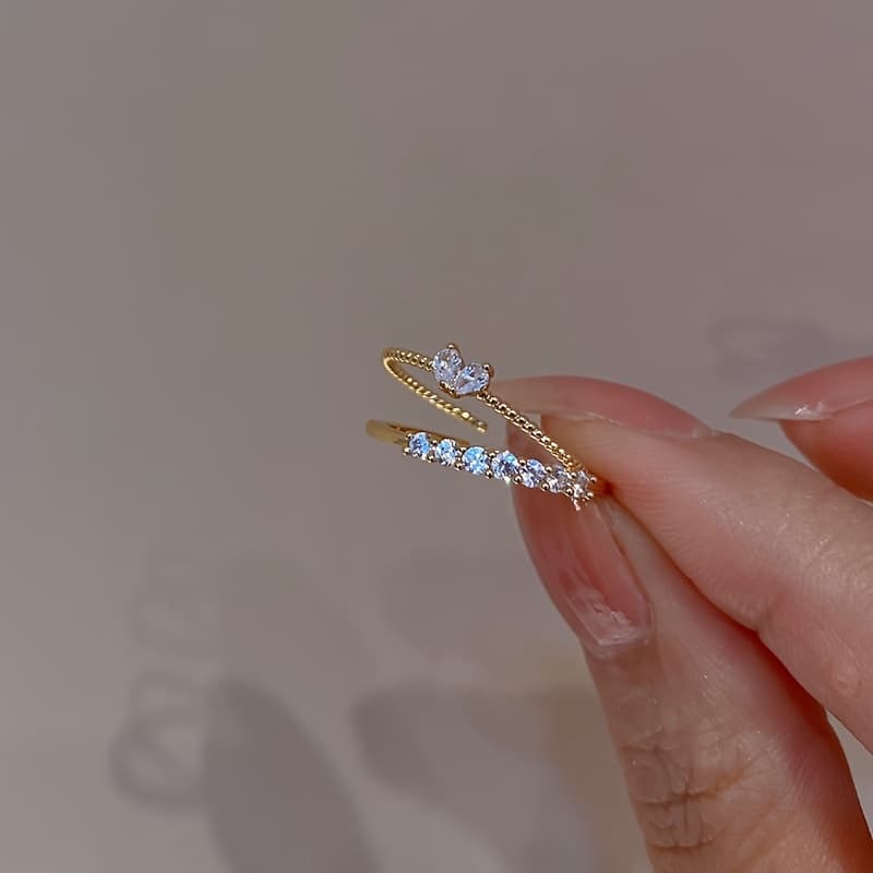 Anillo apilable con corazón y cristales para mujer, 2 piezas