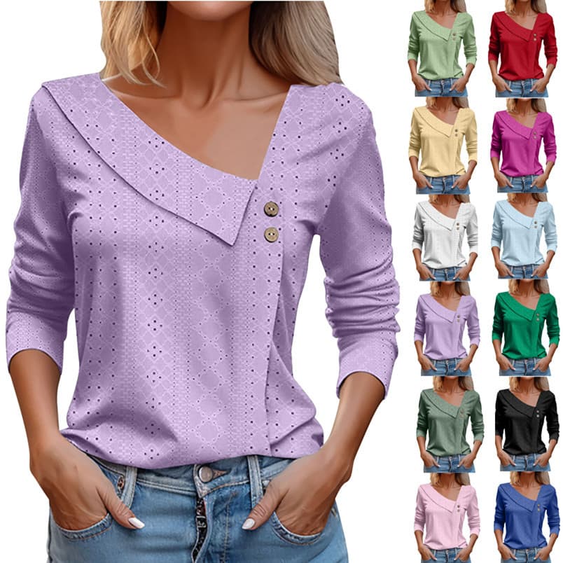 Blusa de manga larga con escote V y detalles calados