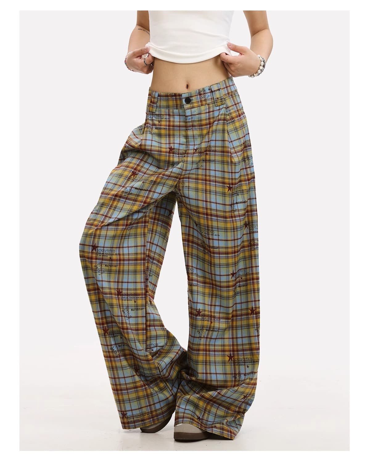 Pantalones rectos amplios con contraste de color estilo retro