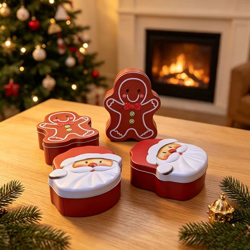 Caja de regalo metálica navideña Gingerbread y Papá Noel