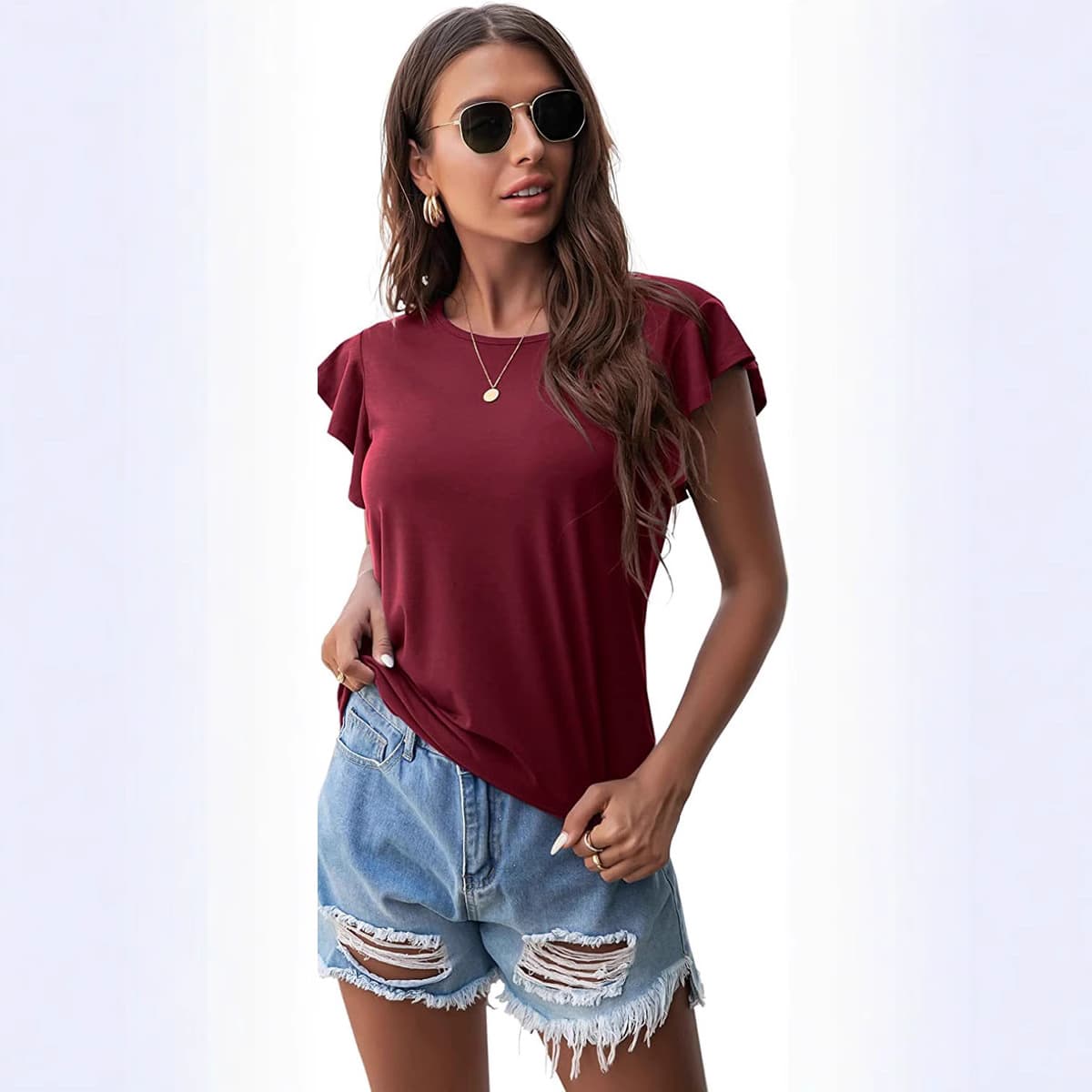 Camiseta cuello redondo con volantes manga corta
