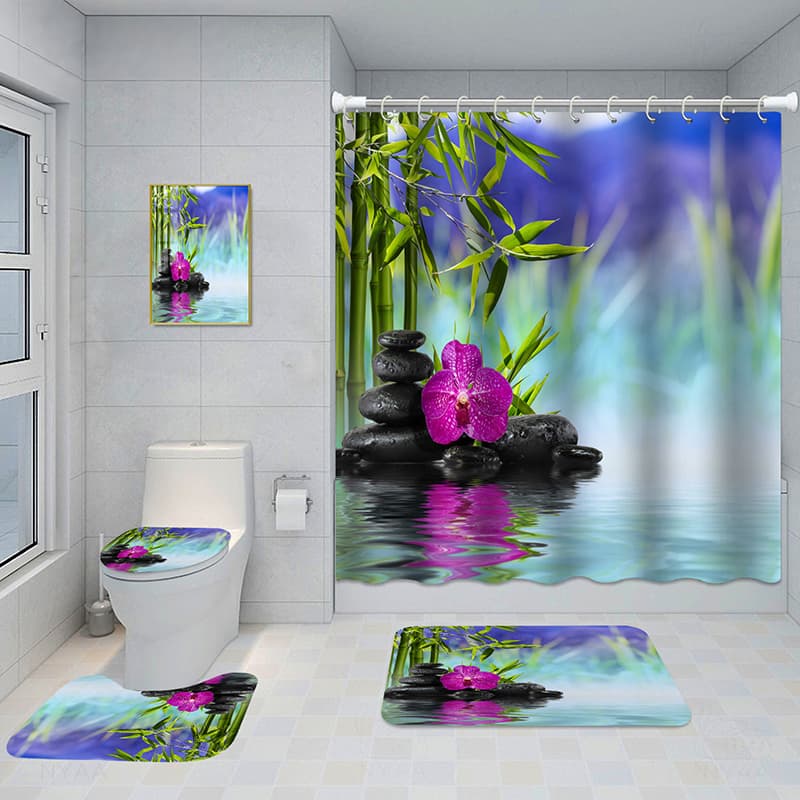 Juego de baño con cortina impermeable y tapetes