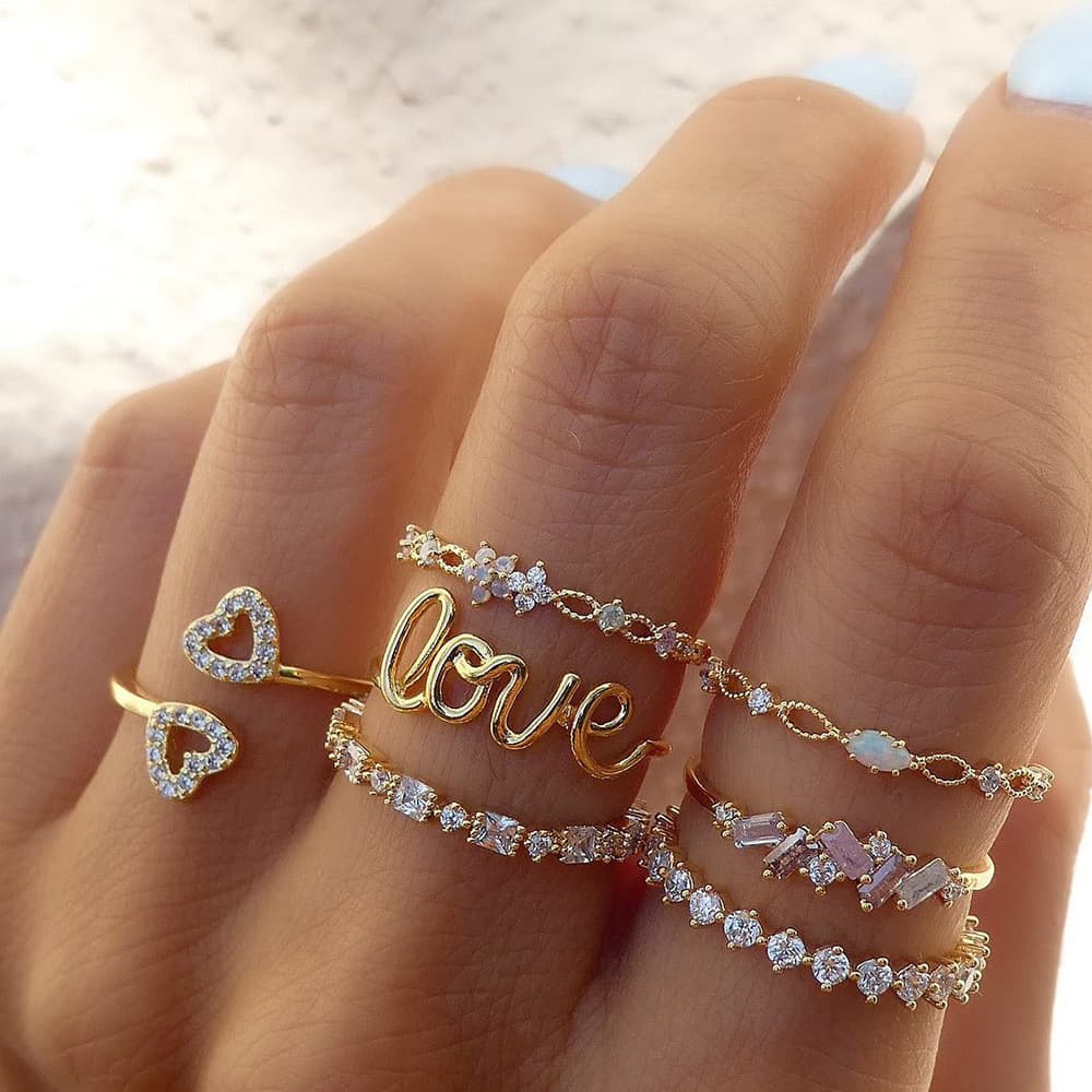 Juego anillos nudillos combinados estilo creativo dorado