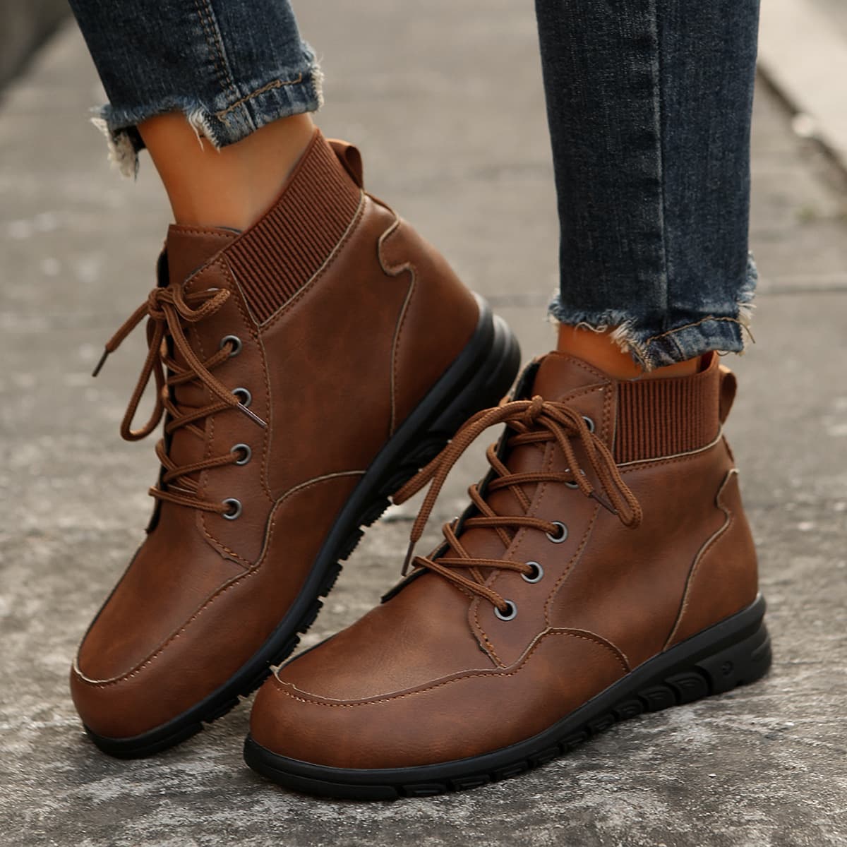 Botines para mujer con cordones, puntera redonda y estilo western
