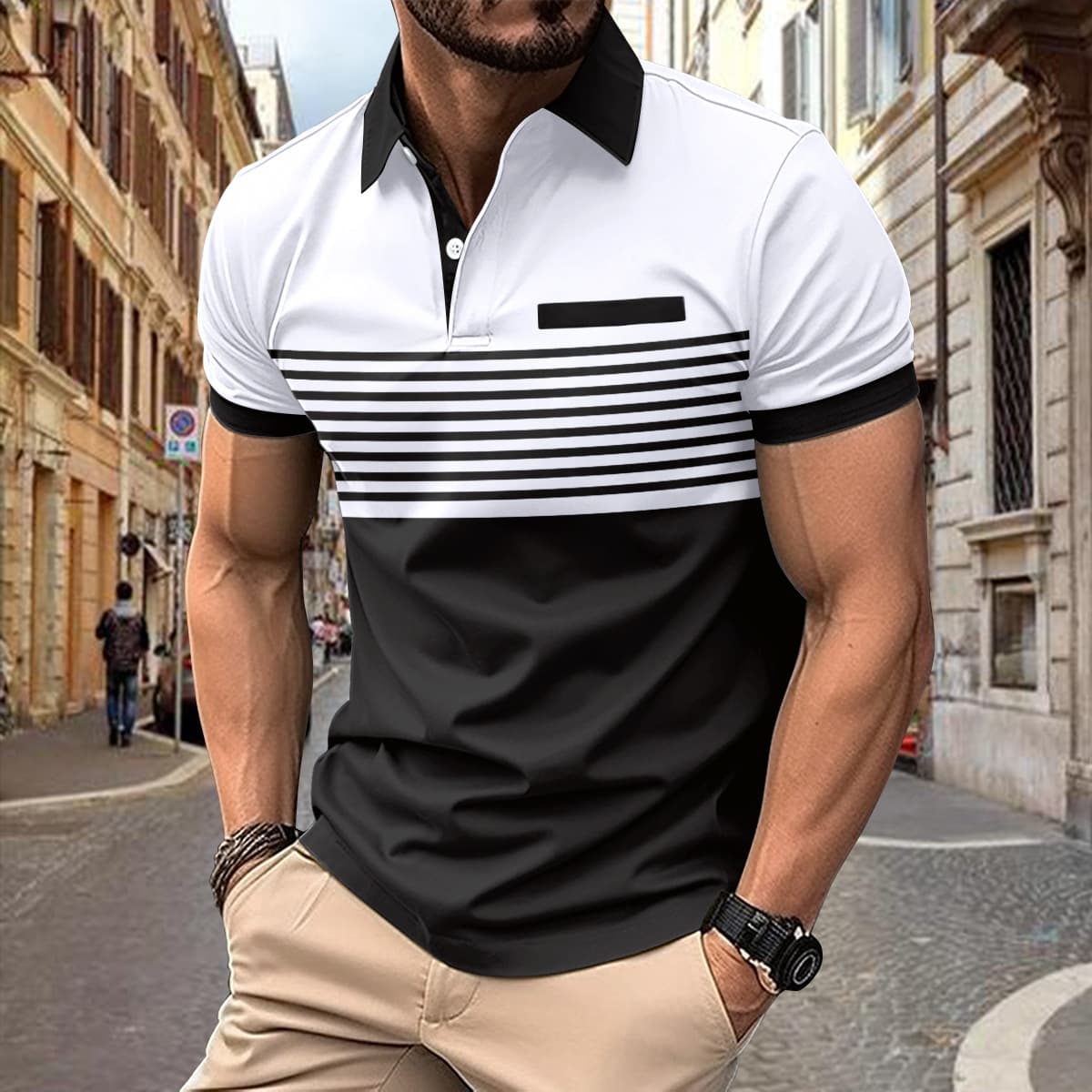 Camisa casual rayada con bolsillo en pecho para hombre