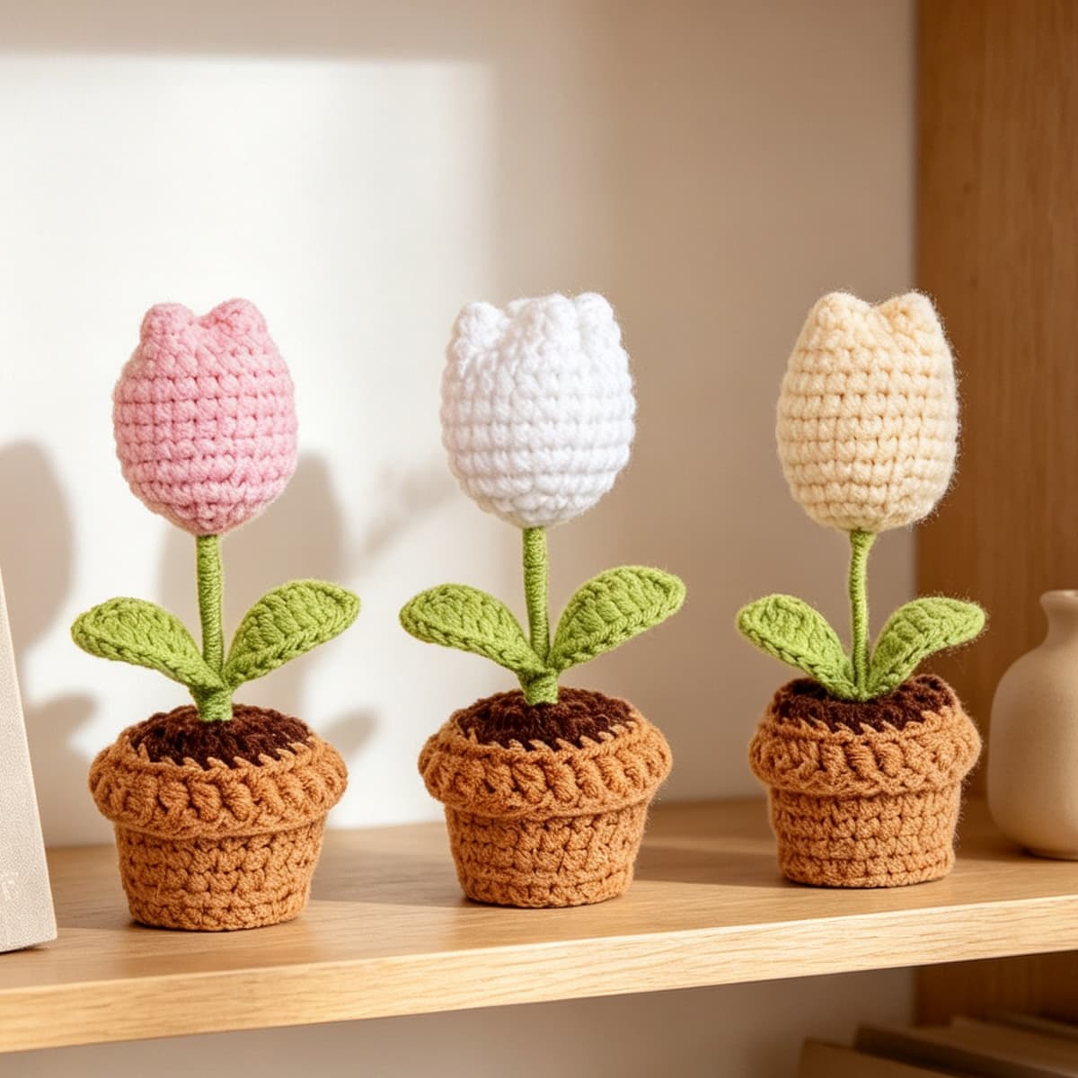 Maceta pequeña con tulipanes tejidos multicolor