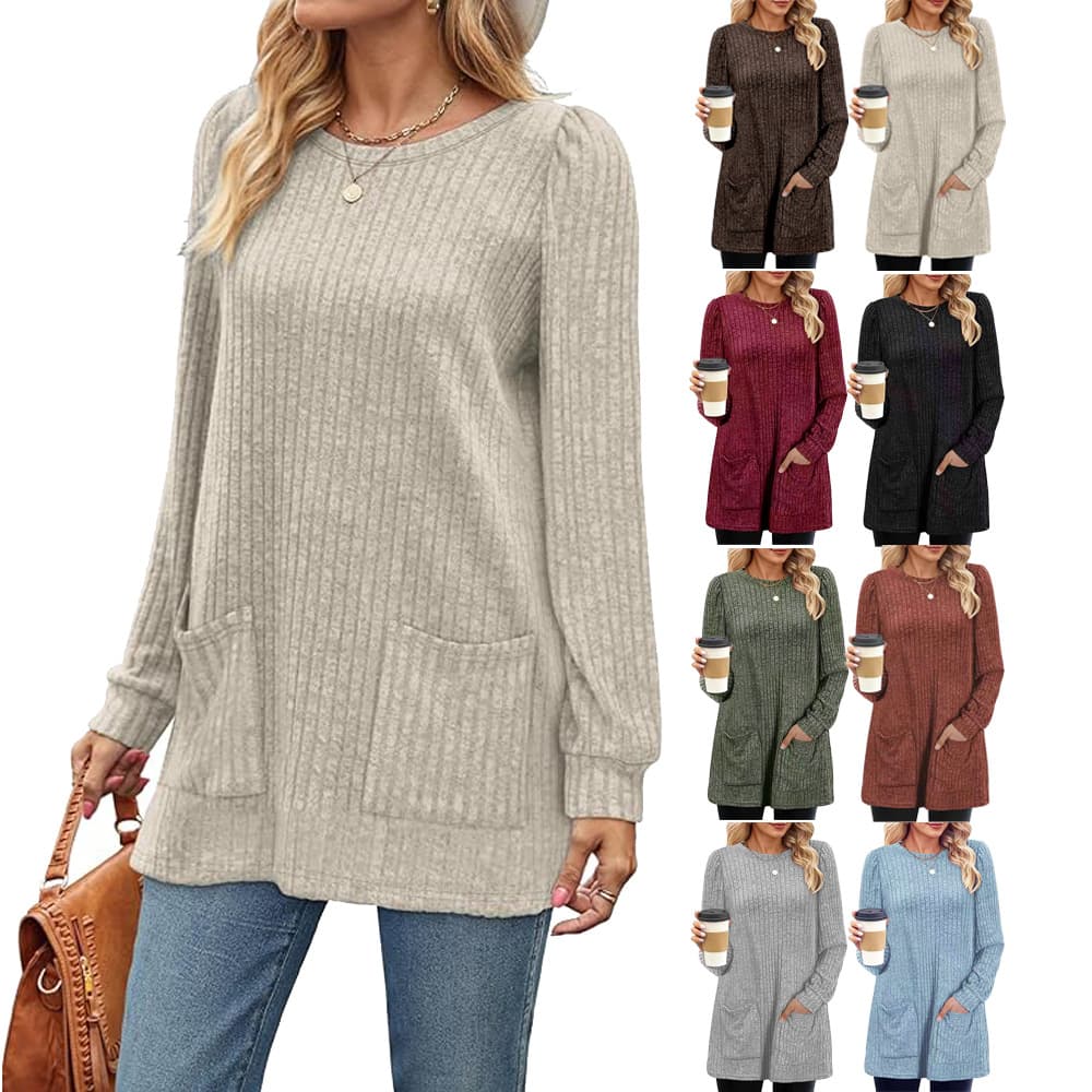 Blusa larga color sólido cuello redondo para mujer